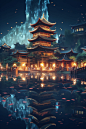 城市夜景金线古风城市建筑插画