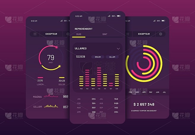 移动应用界面设计UI UX。一套现代的移动用户界面，移动应用程序ui工具包与不同的GUI布局，模型向