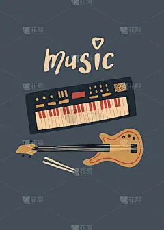 矢量音乐设计与合成器，低音吉他，鼓棒和字母'音乐'。卡通涂鸦插图的邀请，卡片，海报，印刷或传单。