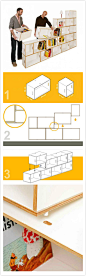 BrickBox是一款采用模块化设计的组合书架，基本单元为两种箱子，大箱子（54 x 27 x 36cm）用来搭建基本结构，小箱子（27 x 27 x 36）用来填补剩余空间，每个箱子之间相互独立。使用者可以像搭积木那样拼出阶梯书架、塔式书架、双面书架等各种造型的书架。每个箱子两侧都有两个镂空的扶手，非常方便用手搬运，因此你还可以把它当做搬运箱使用。设计这款书架的Antxon Salvador和Roger Zanni曾分别为工业设计师和平面设计师，后来进入家具设计领域，设计了BrickBox模块化系统，并