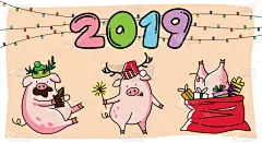 可爱的,猪,新年,2019,粉色,三只动物,请柬,事件,传统节日,问候