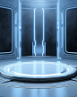 a futuristic round platform on an empty futuristic futuristic room stock photo, in the style of light blue and silver, contest winner, computer-aided manufacturing, rtx, screen format, energy-charged, theatrical