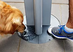 Arqua Dog Bubbler : Timeless and sculptural fountain that supplies water for drinking and refilling containers. Pets can rehydrate via the bubbler at the base of the fountain. Arqua Fountain adheres t