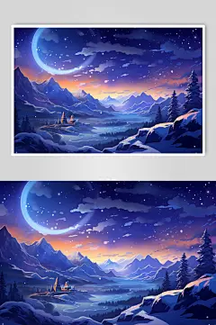 AI数字艺术唯美星空中的梦幻雪景插画-众图网