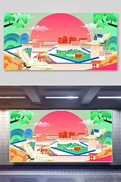 仙鹤树木创意高端绿国潮风矢量插画-众图网