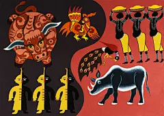 【赴联合国总部大展的中国农民画作品欣赏】——  《中非对话》，李俊敏，1951年出生，男，全国十大优秀农民画家之一。此幅描绘中国民间绘画与非洲民间绘画两者之间的对比，体现了对艺术的共同追求。