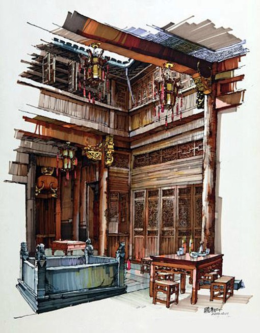 国人画师卢国新的马克笔建筑绘画写生作品欣...