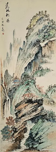 胡玉德 茂林飞瀑 国画小青绿古典山水竖式构图