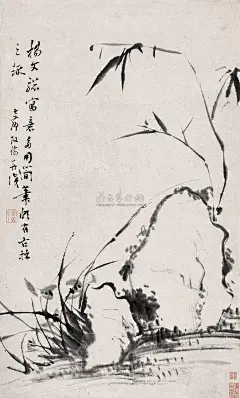 改琦_兰竹图_杨文骢写意多用简笔_颇有古拙之趣_竹石兰_立轴欣赏_清改琦1773_1828字伯韫号香白_又号七芗_玉壶山人_百蕴生_