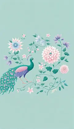 在坚实的薄荷绿色背景上淡蓝色、绿色和紫色的孔雀壁纸图案。壁纸上应该有最小的葡萄树和柔和的粉红色大丽花交织在一起。图像应简单且具有开放空间。