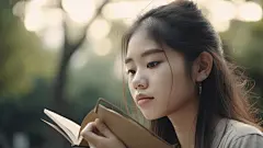 (3/4) 在公园长凳上阅读的年轻亚洲女孩，以8k的超高清分辨率呈现，具有柔和梦幻的色调，清晰的面部工笔画风格，近距离拍摄，银色和浅棕色， Bibliop(AI绘图来自WeDraw.art)