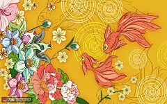 彩色手绘金鱼缤纷色彩花卉国潮电视背景墙 民俗民风 中国风