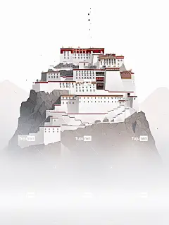 布达拉宫被白色浓雾包围，佛教禅宗平面插图海报