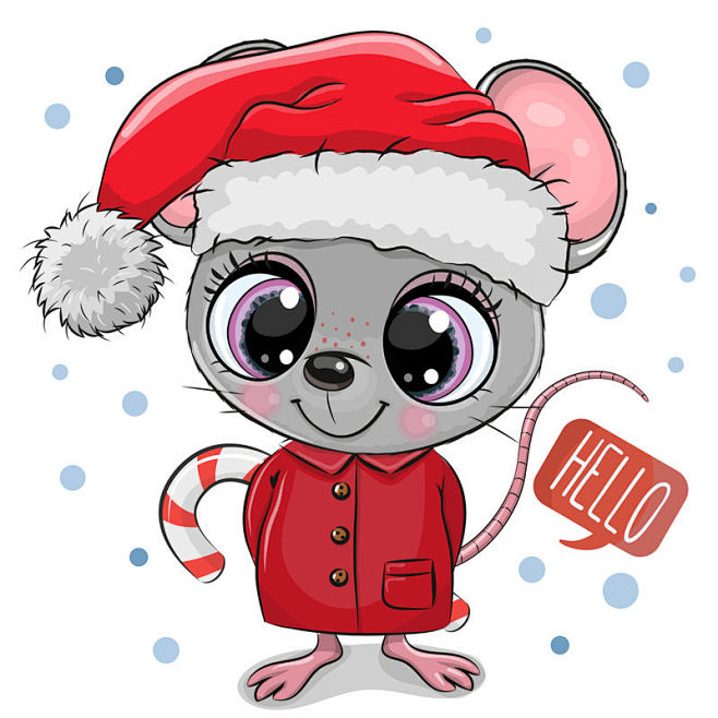 白色背景的圣诞帽卡通鼠标，鼠年，新年快乐...