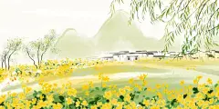 春天水彩画自然风景背景画柳树油菜花江南水乡图片下载