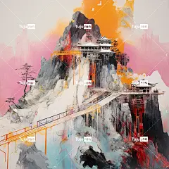 山顶寺庙鲜艳色彩雾蒙蒙的山峰意象金色和黑色海报