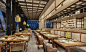 现代室内设计的餐厅酒廊，东方阿拉伯风格的钢丝网天花板和隐藏的灯，木材和青铜金色的颜色，3d渲染
