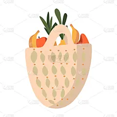 矢量插图的袋子与蔬菜和水果。素食商店的标志，徽章，贴片，贴纸。购物者，可重复使用的购物袋与食物。零浪