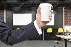 一杯咖啡在服务处内政部与两个水平海报、 凳子和木桌的一个人的手的特写。酒吧文化的概念。3d 渲染。小样