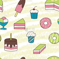 无缝图案的涂鸦风格与蛋糕，甜甜圈，松饼和冰淇淋。矢量图
