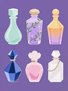 手绘插画风格的香水系列素材集合，6款不同样式的香水瓶规整排布，每个瓶身造型独特变换，有的呈优雅曲线瓶身搭配简约方形瓶盖，有的是棱角分明的几何瓶身配圆润顶盖，有的带有精致藤蔓花纹缠绕瓶身，有的瓶口设计成花瓣形状，有的瓶身有渐变切割面，有的搭配金属链条装饰；整体色彩各不相同，分别为清新薄荷绿、温柔薰衣草紫、活力橙黄色、深邃宝石蓝、甜美樱花粉、纯净象牙白，均采用纯色背景突出主体，画面布局整齐有序，视觉层次分明，充满设计感。