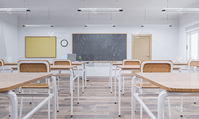 一间有木制课桌的学校教室内部