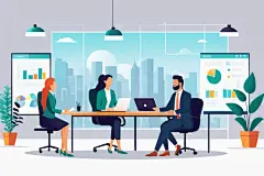 科技金融扁平风商务办公场景插画