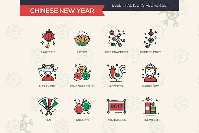 中国风风格的新年春节元素icon图标集合-花瓣网