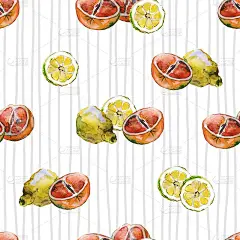 无缝图案的柚子和柠檬切和切在垂直条纹的白色背景。水彩画插图。
