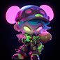 super cute girl, fluorescent translucent holographic jacket, blind box, pop mart design, full body,diamond luster, metallic texture, exaggerated expressions and movements, bright light, clay material, precision mech parts, close-up intensity, 3d, ultra-de