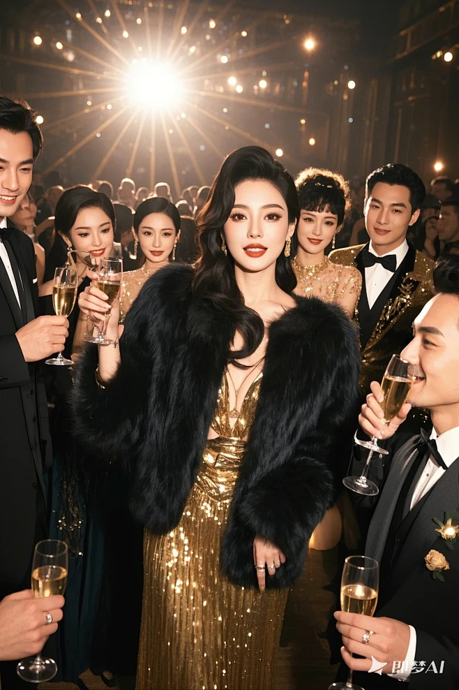 黑色与金色的晚宴，高档奢华的晚宴，黑金风格，高端人士，金色礼服，很多人喝着香槟，台下黑金礼服观众，聚光灯照耀的演讲背影(1)-花瓣网