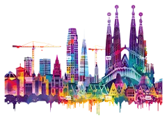 城市天际线-色彩缤纷的水彩城市天际线与充满活力的建筑