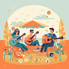 设图露营音乐节扁平风夏季美食音乐人物插画