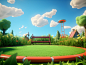 Scene on a playground, with small grass, and a trampoline on the middle, minimalist, different style 3D, disney pixar style