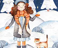 手绘冬季女孩小猫咪圣诞节贺卡花环礼物卡通插画手账PNG免抠素材-淘宝网