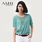 3件5折AMII2013夏新款女装纯色镂空蕾丝拼接棉短袖T恤11300266