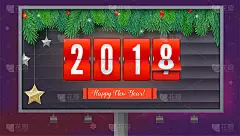 2018年即将到来。背景机械时钟，蛇形和圣诞球。新年快乐3D插图与记分牌，模板为您的贺卡或打印设计