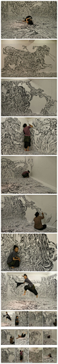 日本艺术家Yosuke Goda让人震撼的作品，四面是白色的墙壁的房间，经过他铅笔一笔一画的勾勒，变成了一个超级梦幻的房间。
