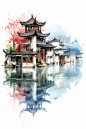 彩绘水墨风徽派建筑江南水乡插画图片