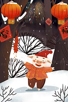 2019新年猪年插画过年中国风海报贴春联手绘 插画中国风过年除夕春节贴对子福红灯笼 欢乐 喜庆情侣传统习俗