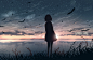 @图维画社  | 国人画师【JW】孤独少女-风景-唯美-夜晚-星空-治愈唯美场景插画