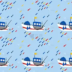 渔船无缝模式。卡通手绘彩帆童装，水上运输以蓝色为背景。儿童装饰纺织包装纸，壁纸矢量打印或织物