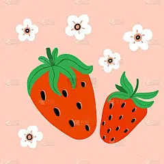 草莓。手绘新鲜森林或花园浆果海报印刷或卡片。整个多汁的浆果，绿色的叶子和花朵涂鸦夏季元素，矢量卡通极