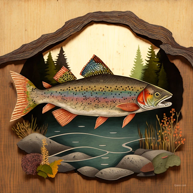 AI绘画_Prompts_Donald.Butcher_folk_art_trout_picture_on_the_river_while ...