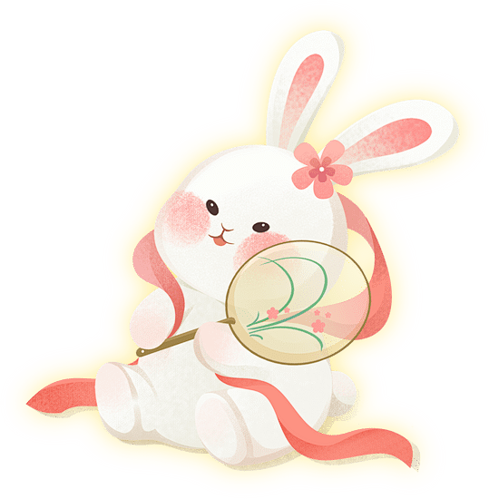 中秋节吃月饼渐变写实插画-拿团扇的兔兔