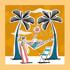 创意卡通插画冲浪沙滩排球度假放风筝美发远行旅游插画矢量UI素材-淘宝网