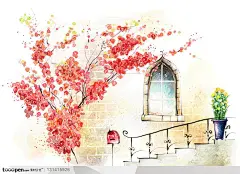 手绘卡通漫画素材-彩绘背景上的阳台上的窗户