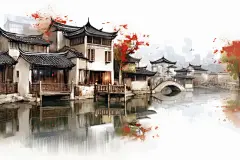 彩绘水墨风徽派建筑江南水乡插画图片