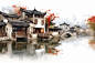 彩绘水墨风徽派建筑江南水乡插画图片