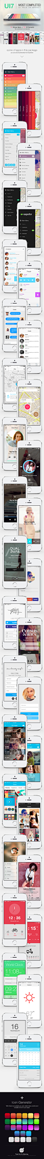 UI7 - Mobile UI / Phone Apps : INTRODUCTION: UI7 is the most completed and fresh iPhone app ui kit on marketplace, with more that 70 app screens. All screens designed in retina size with high quality Photoshop shapes and elements for any device and OS, yo